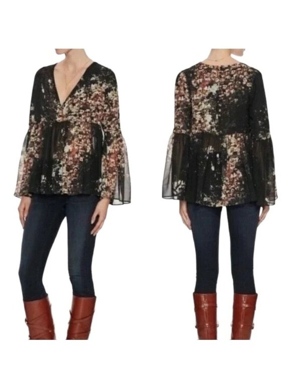 Intermix Womens Black Brown Floral Silk Sheer Vneck Flowy Blouse Top Size Medium